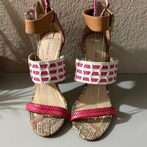 Chinese Laundry Pink, White & Tan Patterned Strappy Heels